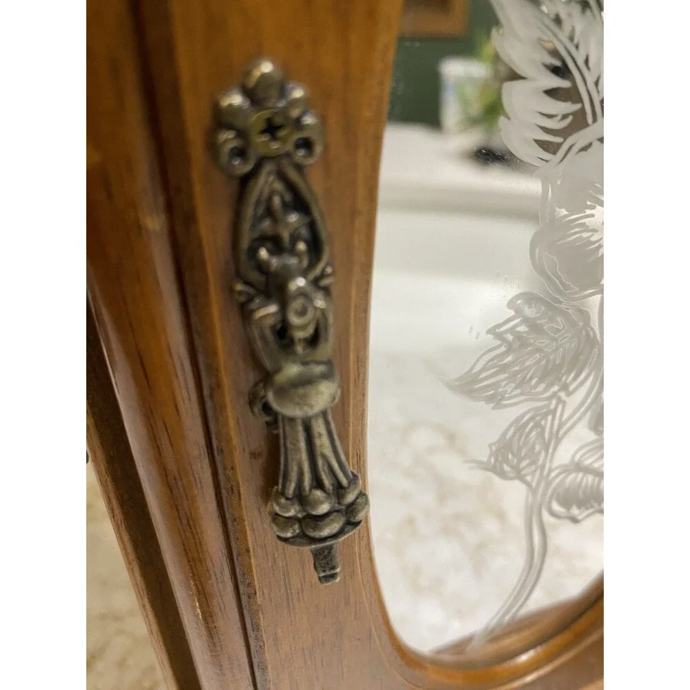 Vintage Triangle Wood Jewelry Box w/ Mirror – Floral Glass Doors – Earring Hooks